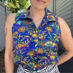 Vintage Colorful Fish Sleeveless Button Down